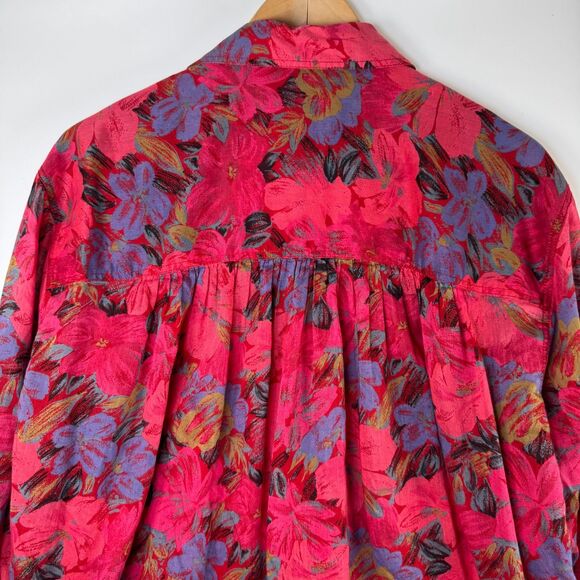 Vintage LizWear Womens Button Up Blouse Small Red Pink Floral Cotton 80s 90s - Picture 5 of 15